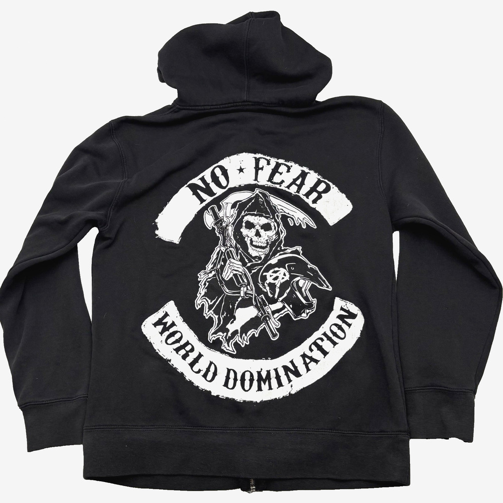 Vintage 00s Y2K NO FEAR World Domination Grim Reaper Anarchy Full Zip Hoodie M